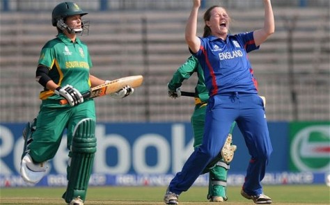 England's Anya Shrubsole picks up a South African wicket